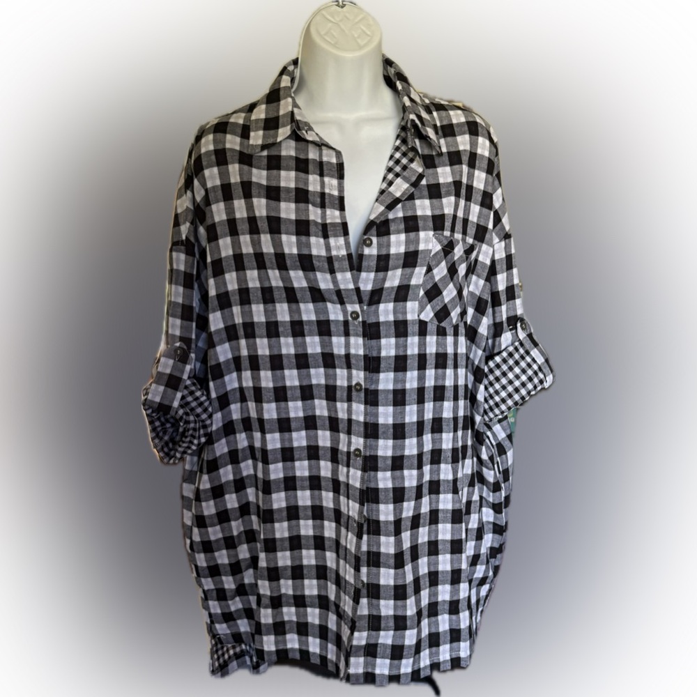 NWT Lac Bleu Oversized Plaid Button Down Black and White Shirt